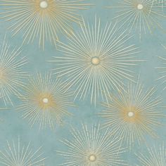 a blue and yellow wallpaper with gold stars on it