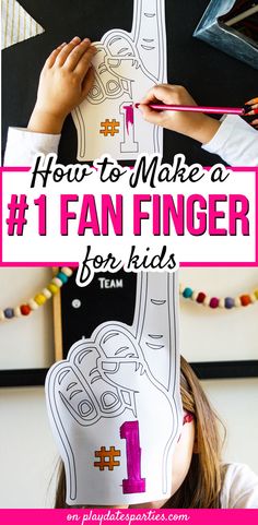 a girl making a paper mask with the words how to make a 1 fan finger for kids