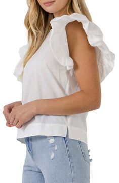 Fluttering ruffle sleeves frame this charming day-to-night top crafted from breezy cotton. Crewneck Short sleeves 100% cotton Hand wash, dry flat Imported Summer Ruffle Top With Flutter Sleeves, Summer Tops With Ruffles And Flutter Sleeves, Casual Cotton Flutter Sleeve Tops, Casual Cotton Tops With Flutter Sleeves, Cotton Butterfly Sleeve Top For Summer, Summer Cotton Top With Butterfly Sleeves, Summer Cotton Tops With Butterfly Sleeves, Chic Cotton Blouse With Butterfly Sleeves, Summer Tops With Ruffles And Butterfly Sleeves