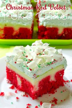 a slice of red velvet cake with white frosting and sprinkles on a plate