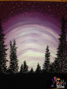 an acrylic painting of trees and the night sky