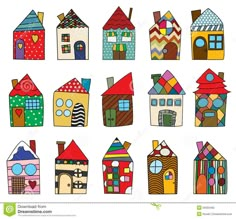 cartoon houses with different shapes and colors