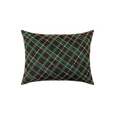 a green and red plaid pillow on a white background