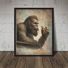 a painting of a monkey holding a beer in it's hand and drinking from a glass