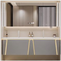 a bathroom with two sinks and mirrors in it's lighting fixture above the sink