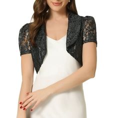 Allegra K Floral Lace Shrug for Women's Lapel Collar Short Sleeves Elegant Bolero Cardigan Lapel Collar Short Cap Sleeves Open Front Floral Lace Fabric Elegant Crop Shrug Regular Fit With short sleeve open front design, the lace bolero shrug is cute and easy to match; the sheer floral lace can match with dress or tank tops to show femininity. Contrast metallic color trim makes the lace floral crochet detail more special and elegant. This lace sheer cropped cardigan can be worn with offthe should Elegant Bolero, Lace Shrug, Cropped Shrug, Evening Shawls, Women's Cardigans, Lace Bolero, Bolero Cardigan, Bolero Shrug, Fits With Shorts