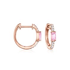 Ross-Simons - .20ct t. w. Pink Sapphire, .11ct t. w. Diamond Huggie Hoop Earrings. 3/8". RS Pure. Modern designs that complete your outfit and complement your personality. These dainty huggie hoop earrings feature .20 ct. t. w. baguette pink sapphires and .11 ct. t. w. round diamonds. Perfect for daily wear! Add these small 14kt rose gold hoops to your favorite ear stack. Hanging length is 3/8". Hinged post, diamond and pink sapphire huggie hoop earrings. Rose Gold Pink Sapphire Earrings As Gift, Fine Jewelry Pink Hoop Earrings, Classic Rose Gold Diamond Hoop Earrings, Pink Sapphire Hoop Earrings, Luxury Rose Gold Diamond-cut Huggie Earrings, Ear Stack, Sapphire Stone, Huggie Hoop Earrings, Pink Stone