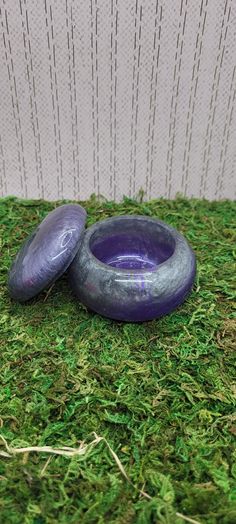 two purple bowls sitting on top of green grass