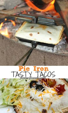 there is a pizza that has been cooked over an open fire and the words pie iron tasty tacos on it