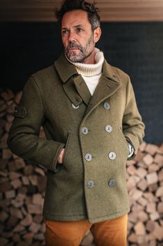 Men’s Peacoat, Luxury Vintage Men's Pea Coat, Classic Wool Hunting Outerwear, Mens Military Style Jacket, Fitted Military Wool Outerwear, Baker Boy Hat, Luxury Textiles, Revere Collar, Mountain Shirt