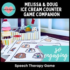 an image of ice cream counter game companion with text overlay that reads,'so engaging speech therapy game '