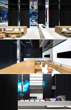 four different views of the inside of a building