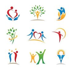 various colorful logos with people holding hands and trees on white background stockvectors