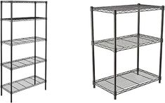 three metal shelvings with four shelves on each side and one shelf below them