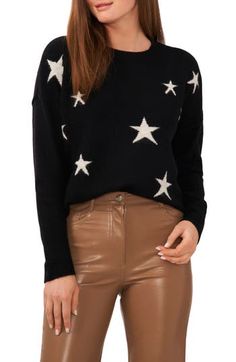 Show some astral attitude in this cozy crewneck sweater dotted with intarsia stars. 23 1/2" length (size Medium) Crewneck Long sleeves 73% acrylic, 24% polyester, 3% spandex Hand wash, dry flat Imported Moon And Star Design, Cap Sleeve Sweater, Oversized Pullover Sweaters, Swimsuit Cover Up Dress, Dolman Sleeve Sweater, Leopard Print Cardigan, Star Sweater, Drop Shoulder Sweaters, Moon And Star