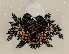 two black birds sitting on top of flowers under a full moon in the night sky