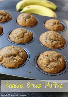 banana bread muffins sitting in a pan with bananas on the side and text overlay