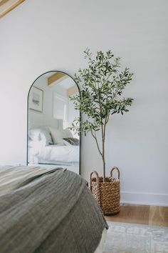 a bedroom with a bed, mirror and potted plant