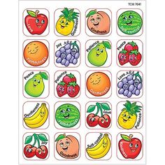 an assortment of fruit stickers on a white background with the words, fruits and vegetables