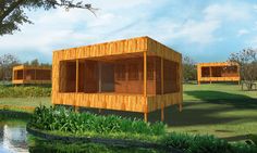 an artist's rendering of two wooden cabins in the grass next to a body of water