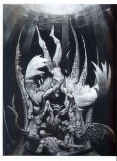 an image of a black and white drawing of people surrounded by demonic creatures with their heads in the air