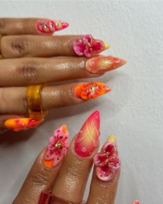 Tropical Flower Nails, Tropical Nails, Claw Nails, Grunge Nails, Girly Acrylic Nails, Cute Acrylic Nail Designs, Really Cute Nails, Unique Acrylic Nails, Gem Nails