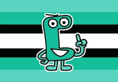 a cartoon character is pointing to the letter e on a green and black striped background