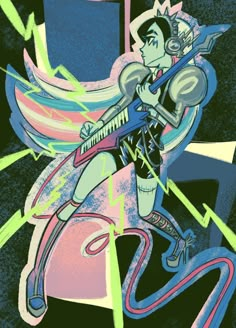 a drawing of a woman with a guitar in her hand and an abstract design on the background