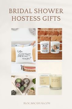 the bridal shower hostess gifts are on display with candles and mugs in them