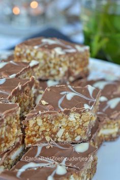 chocolate and oatmeal bars on a plate with mints in the background