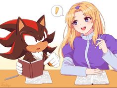 a woman sitting at a table with a book next to a cartoon cat and hedgehog