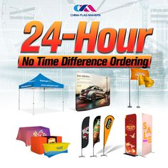 an advertisement for the 24 - hour no time difference ordering event with various booths and flags