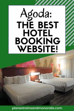 two beds in a hotel room with green and white wallpaper that says, agoda the best hotel looking website