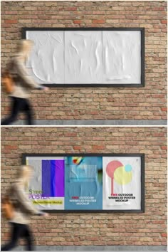 two billboards on the side of a brick building, each with different colored images