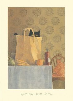 a painting of a cat sitting on top of a table next to a shopping bag