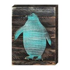 a blue penguin painted on wooden planks