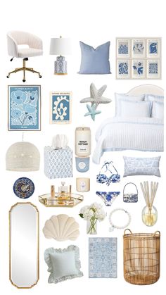 a collage of blue and white items including bedding, pillows, lamps, mirror, wall hangings