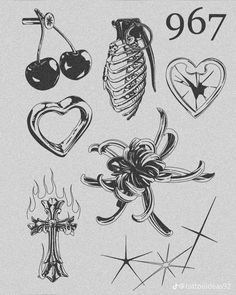 an old school tattoo design with hearts, cross and other tattoos on it's back