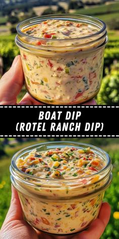 two images showing different types of dips in glass jars with the words boat dip hotel ranch dip