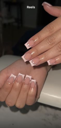 Nail Designs Short French Tips, Square Shaped Nails Long, Square Nail Designs Sparkle, Short Ish Acrylic Nails, Short Acrylic Nails Baddie French Tip, French Tips With One Nail Design, Short French Tips With Glitter, Baddie Nail Short, Coffin Shape French Tip Nails Glitter