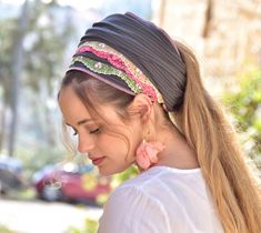 "Unique Grey Headband decorated with beautiful pink and green lace handmade \"Mitpachat\" (Head Covering, Scarf, Tichel), fashionable and so comfortable. Can be wrap once ,two or three times around your head! This \"Mitpachat\" is worn for show some hair. The fabrics are comfortable and made from original & soft quality cotton. ThIs particular mitpachat is shaped like a bandana and is easier to tie, its very comfortable and very popular. This basic Color bandana/scarf can be worn every day or on Pink Bohemian Headscarf One Size, Jewish Headcovering, Scarf Head Covering, Chemo Scarves, Hair Snood, Gray Headband, Scarf Head, Scarf Bandana, Hair Cover