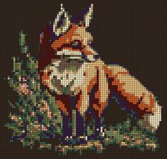 a cross stitch fox sitting in the grass