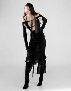 Multi-pieces strapped corsetry transparent mesh dress in black. Detachable sleeves. 92% polyamide, 8% elastane. Mira Aesthetic, Cyberpunk Dress, Black Goth Dress, Concept Moodboard, Nuclear Fallout, Transparent Clothing, Festival Outfits Rave, Black Mesh Dress, Dark Design