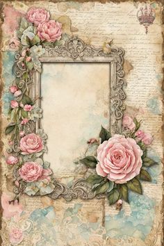 an old fashioned frame with pink flowers on it