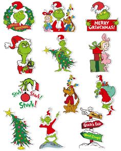 various christmas stickers are shown on a white background with the words merry grinmas