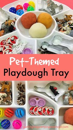 An inviting pet-themed playdough tray featuring dogs and cats. Three long-lasting playdough recipes are included. Dog Sensory Bin, Pet Sensory Bin Preschool, Dog Preschool Activities, Pet Themed Crafts, Pet Sensory Bin, Pet Activities For Toddlers, Cat Activities For Preschool, Playdough Trays