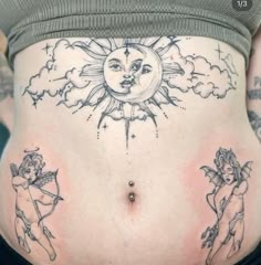 a woman's stomach with tattoos on it and the sun in the sky above her belly