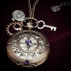 Magical Steampunk Style: This pocket watch necklace features a peek-a-boo cover with metal numbers and purple Amethyst Swarovski™ crystals for a unique, enchanting look. Functional Timepiece: A fully functional pocket watch that combines utility with stunning steampunk-inspired design, perfect for keeping time in style. And - the necklace is very long so you can wear it in winter with your cowl neck and turtle neck sweaters! (see photo) Charming Details: Three steampunk charms—a key, gears, and Steampunk Metal Dial Pocket Watch, Steampunk Metal Pocket Watch With Locket, Magical Steampunk, Purple Steampunk, Turtle Neck Sweaters, Metal Numbers, Steampunk Aesthetic, Pocket Watch Necklace, Fantasy Theme