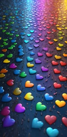 many hearts are on the ground with water droplets all over them and rainbow colors in the background