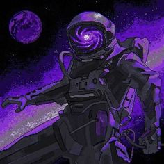 an astronaut is flying in space with the earth in the background and purple hues